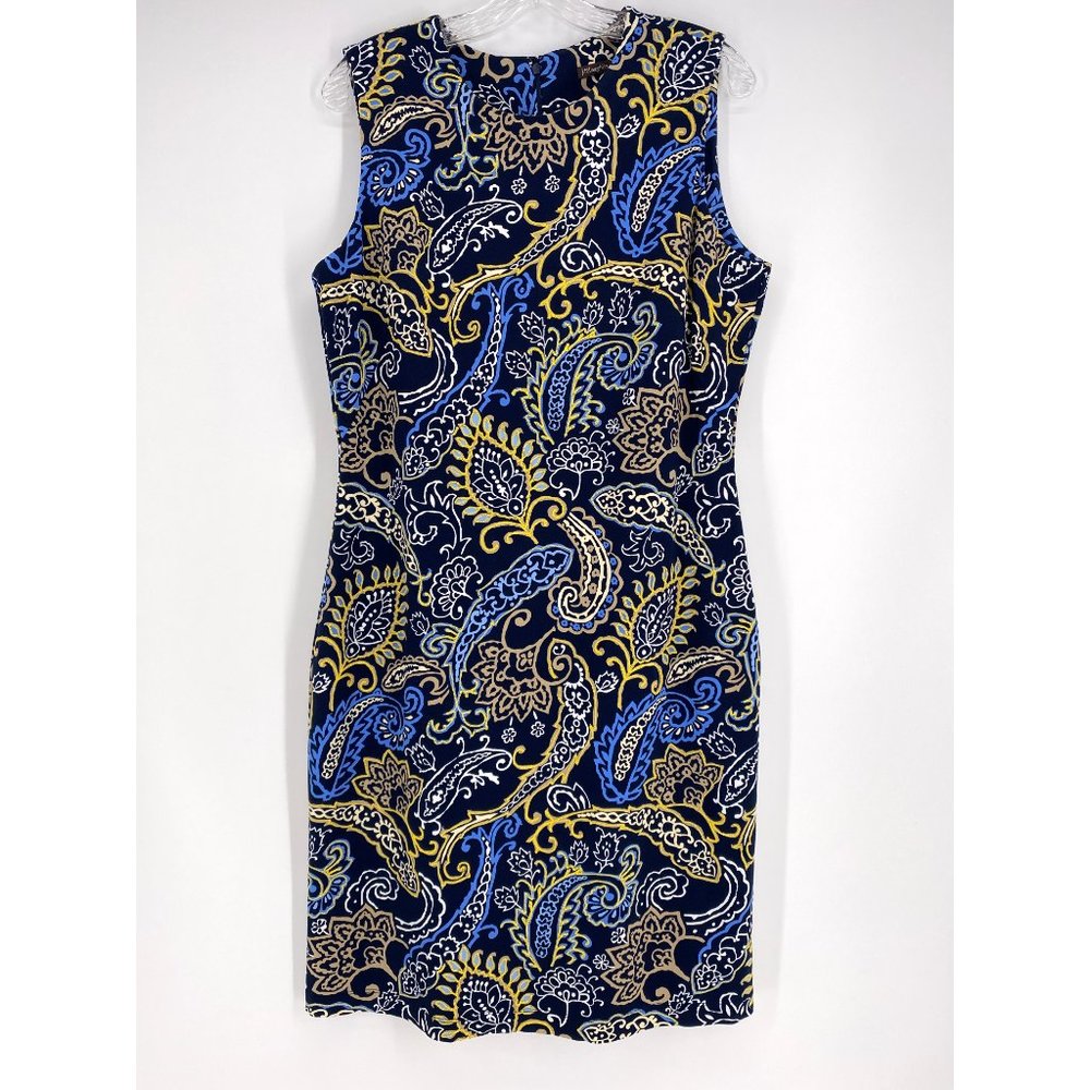 J. McLaughlin Navy Paisley Sophia Sheath Dress with Blue /Yellow Accents Large